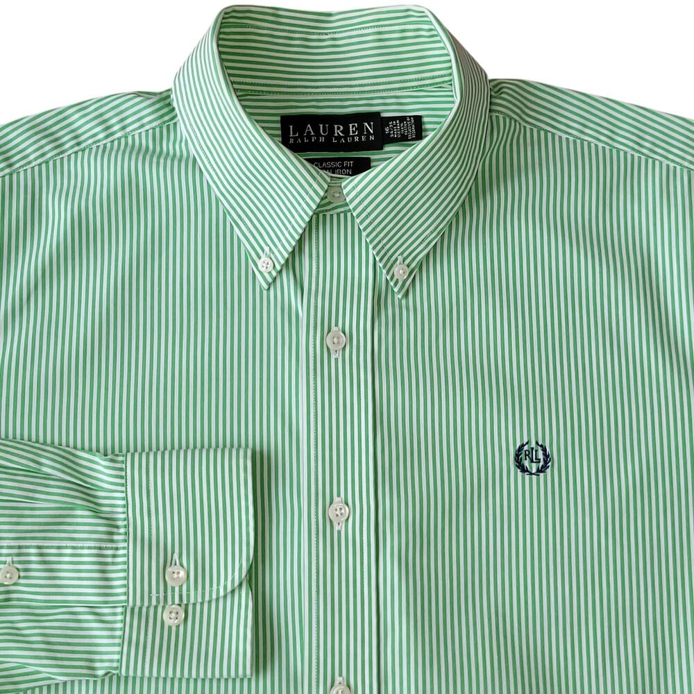 Lauren Ralph Lauren Non-Iron Button Down Shirt Men's 16 34/35 Green White Stripe